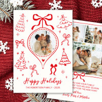 Modern Hand-Drawn Red Bows Photo Christmas Happy