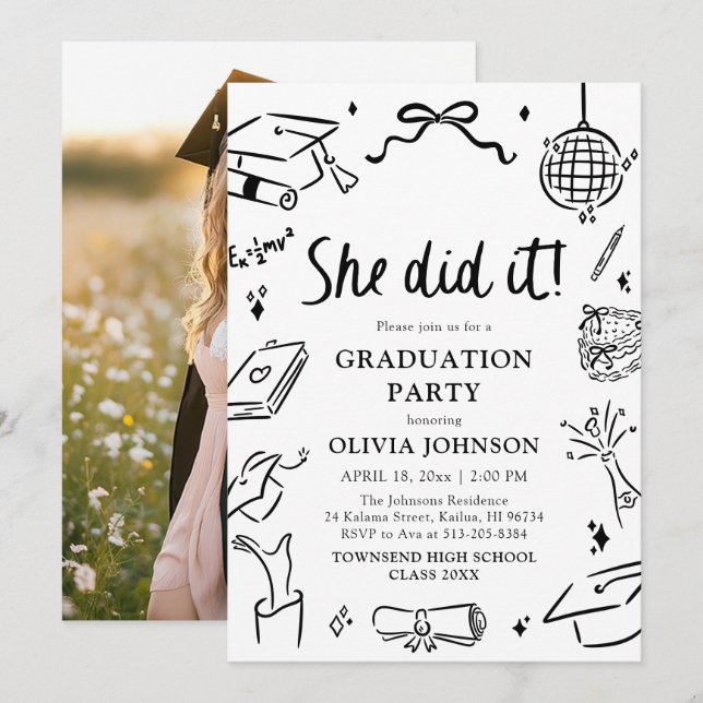 Modern Hand Drawn She did it Graduation Party Invitation (Front/Back)