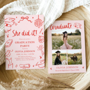 Modern Hand Drawn She did it Graduation Party Invitation