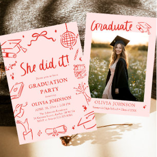 Modern Hand Drawn She did it Graduation Party Invitation