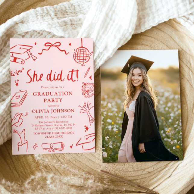 Modern Hand Drawn She did it Graduation Party Invitation (Modern Hand Drawn She did it Graduation Party Invitation)