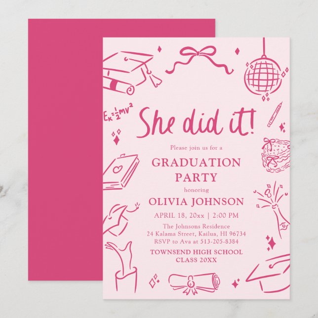 Modern Hand Drawn She did it Pink Graduation Party Invitation (Front/Back)