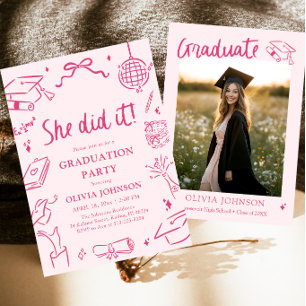 Modern Hand Drawn She did it Pink Graduation Party Invitation