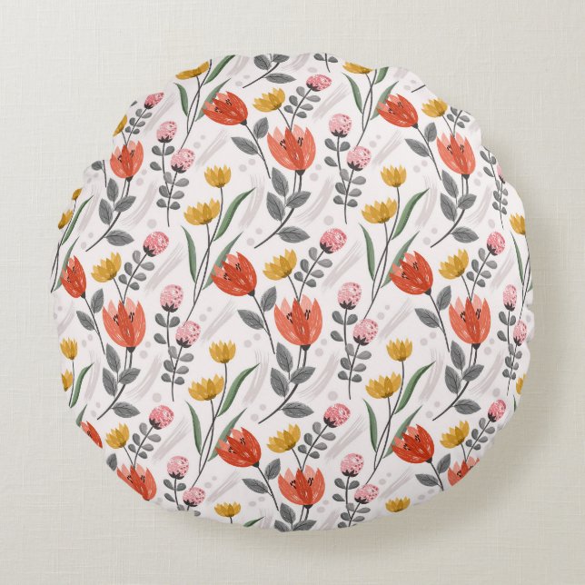 Modern Hand Drawn Tulips Round Pillow (Front)