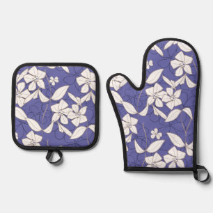 Modern hand-drawn white flowers on a periwinkle oven mitt & pot holder set