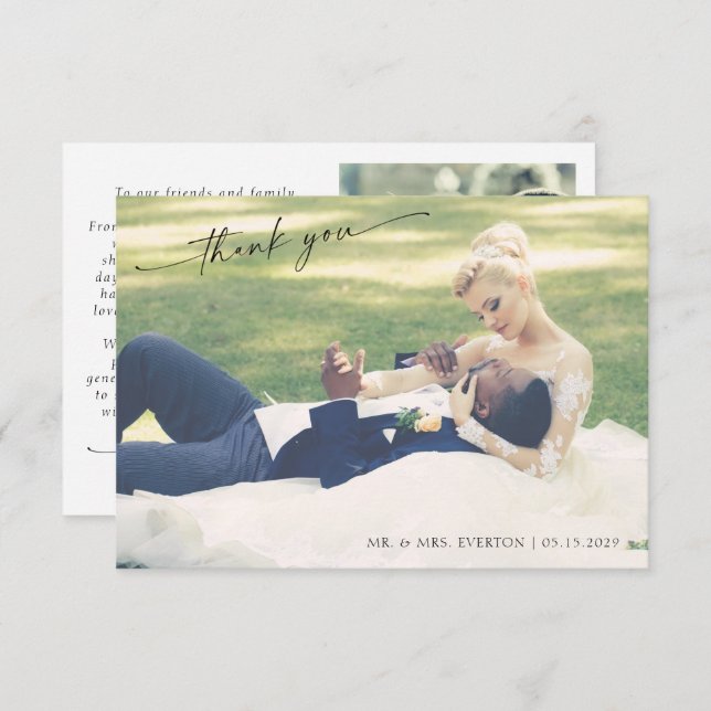 Modern Hand Lettered 2 Photo Wedding Thank You (Front/Back)