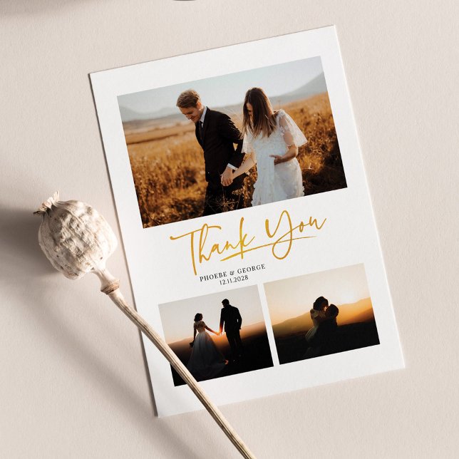 Modern Hand-Lettered 4 Photos Wedding Thank You Card (Wedding Day Photo Collage Thanks You Note Card )