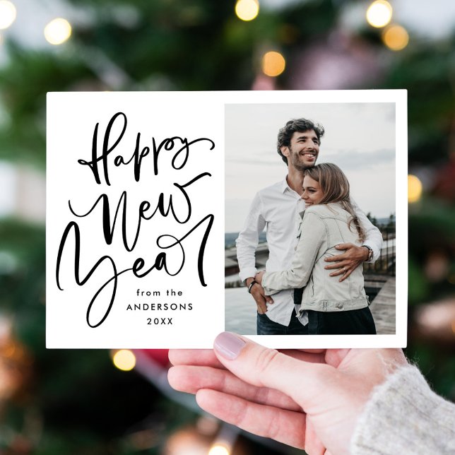 Modern Hand-Lettered Black New Year Photo Holiday Card (Creator Uploaded)