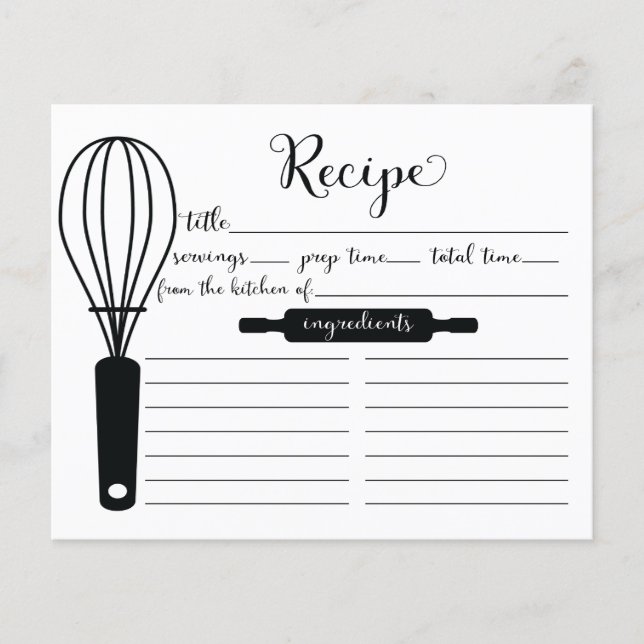 Modern Hand Lettered Black Whisk Recipe Card (Front)