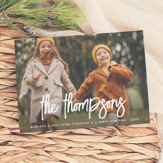 Modern Hand-Lettered Family Name 2 Photo Holiday Card (Creator Uploaded)
