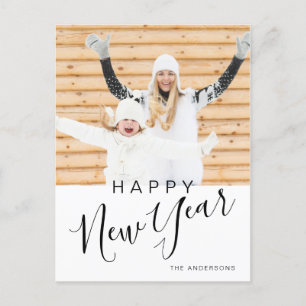 Modern Hand Lettered Happy New Year Photo Holiday Postcard