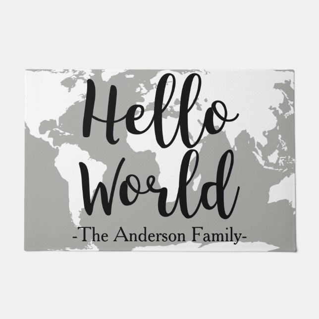 Modern Hand Lettered Hello World & Map Family Name Doormat (Front)