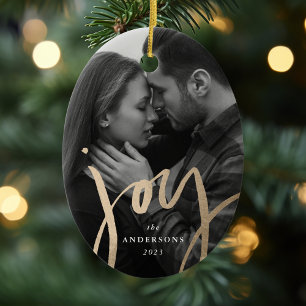 Modern Hand-Lettered Joy Faux Gold Foil Photo Ceramic Tree Decoration