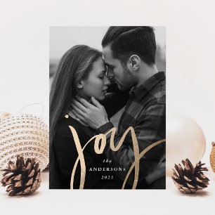 Modern Hand-Lettered Joy Faux Gold Foil Photo Holiday Card