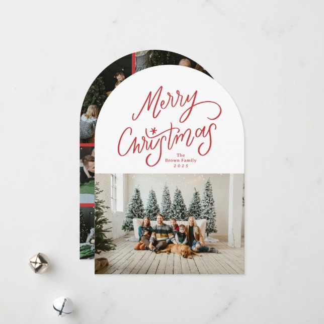 Modern Hand-lettered Merry Christmas Arch Photo Holiday Card (Front/Back In Situ)