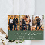 Modern Hand Lettered Photo Collage Dark Sage Save The Date<br><div class="desc">Pick the best pictures from your engagement shoot or your favourite pictures of the two of you for this perfect save the date. The words save the date are handwritten to give a personal feel to the card. The front has 3 images and the back has a large image with...</div>