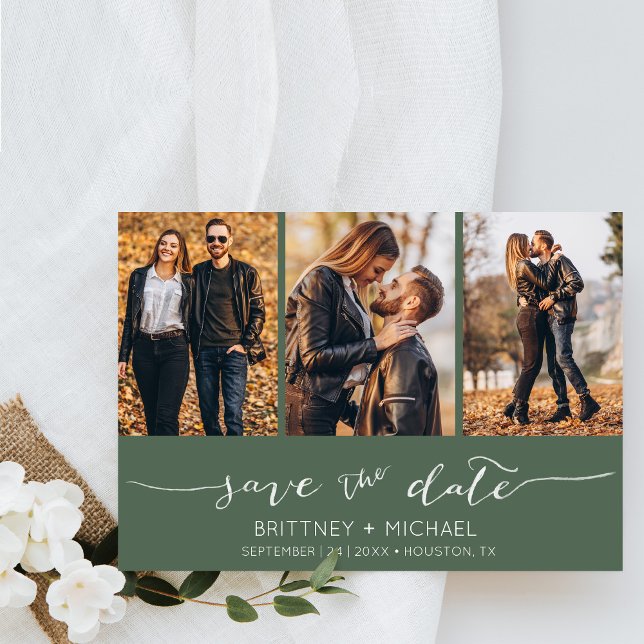 Modern Hand Lettered Photo Collage Dark Sage Save The Date (Creator Uploaded)