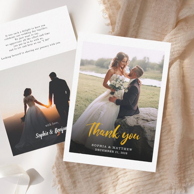Modern Hand-Lettered Photo Wedding Thank You Card (Gold Hand-Lettered Photo Wedding Thank You Note Card)