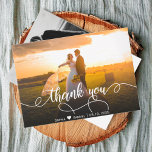 Modern Hand Lettered Wedding Photo Thank You Card<br><div class="desc">Modern Hand Lettered Wedding Photo Thank You Card. Modern Stylish wedding thank you postcard template featuring a full horizontal photo on the front with the text "Thank You" in a swirly hand lettered typography script font in white on the picture. 2-sided card with 2 photo. The name template includes a...</div>