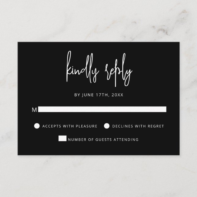 Modern Hand Lettering Script Black White Wedding RSVP Card (Front)
