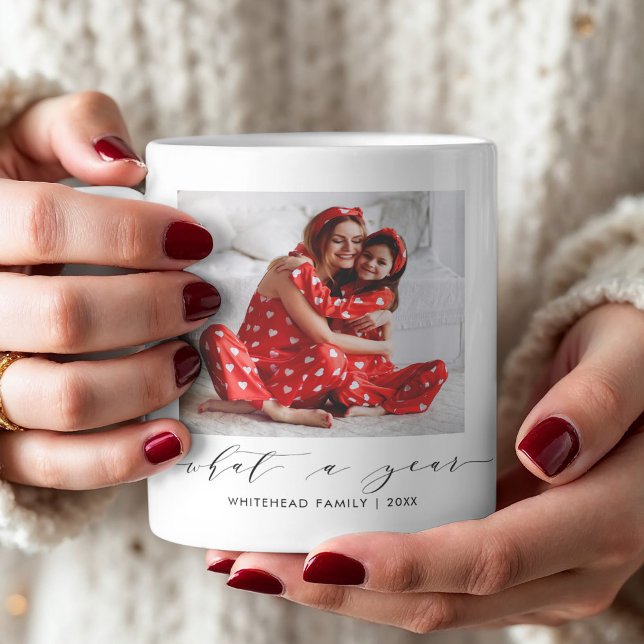 Modern Hand Lettering What a Year Photo Holiday Coffee Mug (What a year hand-lettered mug is a perfect way to capture the memories of the year. )