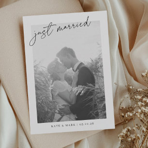Modern Hand Script Just Married Photo Wedding Announcement
