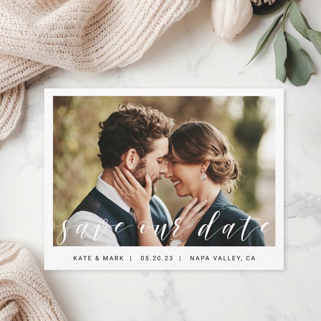 Modern Hand Script Photo Save the Date Postcard (Creator Uploaded)