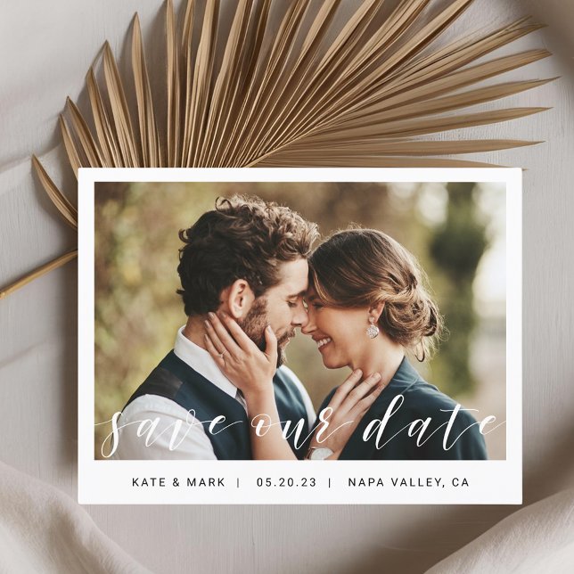 Modern Hand Script Photo Wedding Save our Date Postcard (Creator Uploaded)