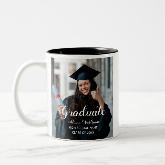 MODERN HAND WRITING GRADUATE CUSTOMIZING PHOTO Two-Tone COFFEE MUG (Left)