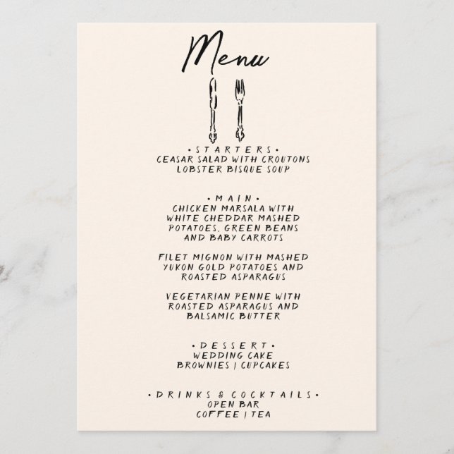 Modern Hand Written Drawn Retro Quirky Wedding Menu (Front)