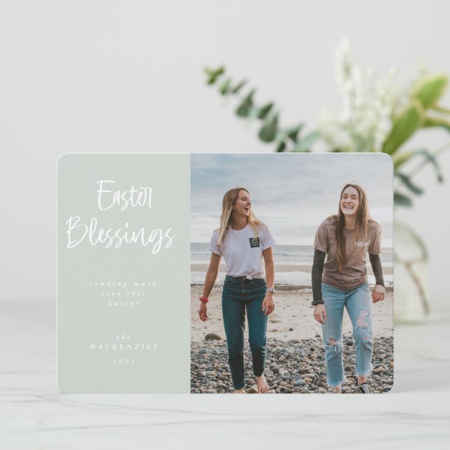 Modern Hand Written Script Easter Blessings Photo Holiday Card (Standing Front)