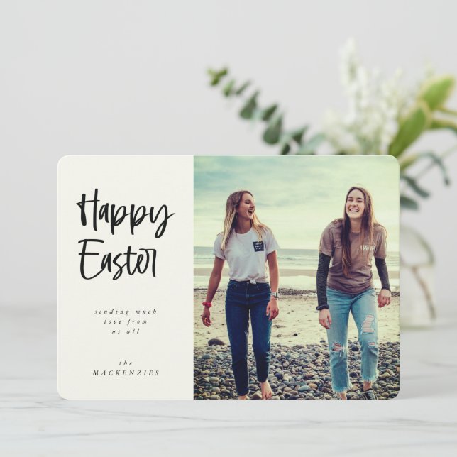 Modern Hand Written Script Happy Easter Photo Holiday Card (Standing Front)