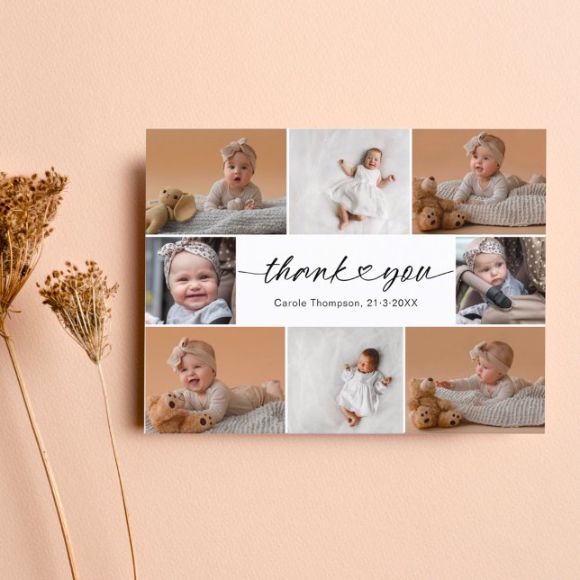 Modern Handlettering 8 Photo Collage Baby Shower Thank You Card (Creator Uploaded)