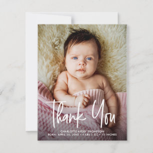 Modern Handlettering Baby Girl Photo Birth stats Thank You Card