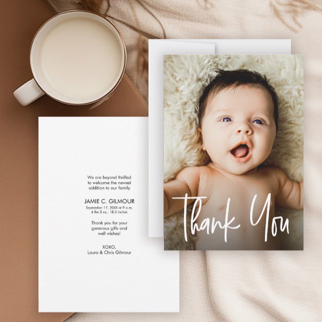 Modern Handlettering Baby Photo Thank you (Share your baby's photo, birth stats and thank those who have showered your with love.)