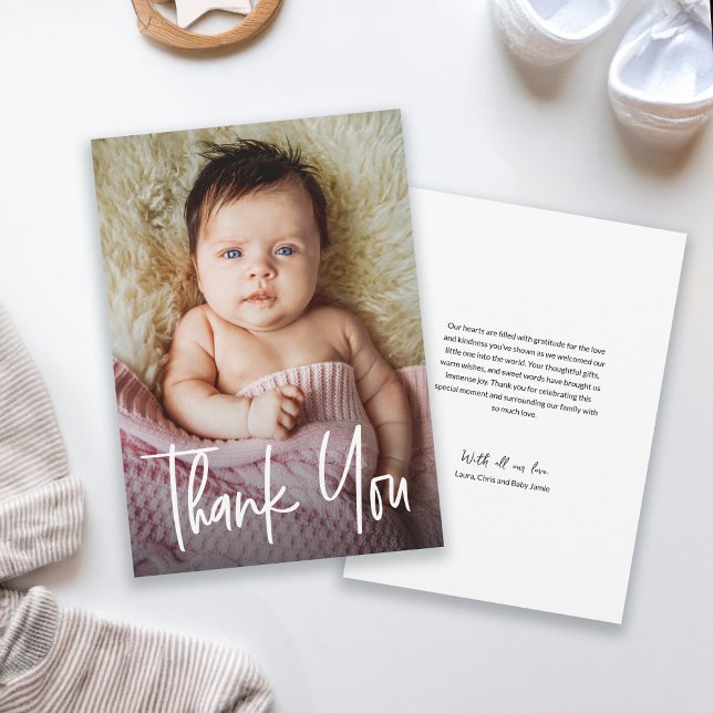 Modern Handlettering Custom Baby Girl Shower Photo Thank You Card (Cute Baby Girl photo Handlettering shower thank you card with personal message.)