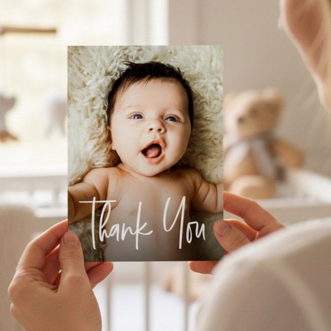 Modern Handlettering Custom Baby Shower Photo Thank You Card (Modern baby photo thank you shower card.)