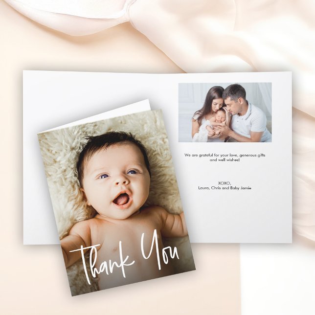 Modern Handlettering Custom Baby Shower Photo Thank You Card (Baby shower Thank you baby photos folded card.)