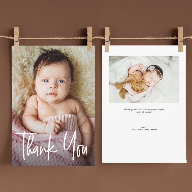 Modern Handlettering Girl Photos Baby Shower  Thank You Card (Baby girl baby shower thank you 2 photo card templates with wording.)