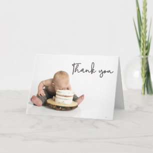 Modern handlettering Photo Baby Boy First Birthday Thank You Card