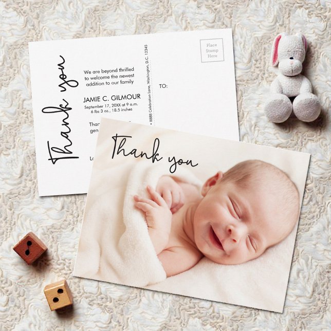 Modern Handlettering Script Baby Photo shower Postcard (custom baby photo birth announcement thank you postcard with modern handlettering script)