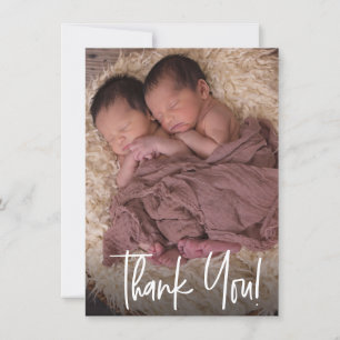 Modern Handlettering Twins Photo Baby Shower  Thank You Card