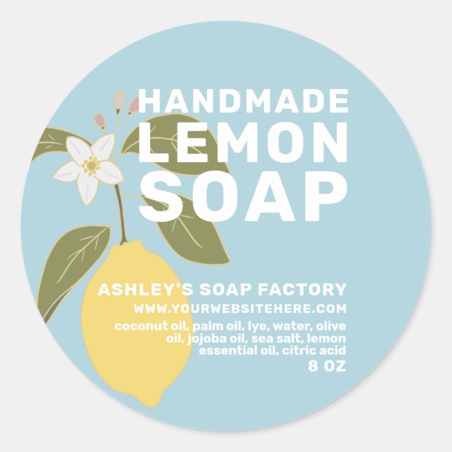 Modern Handmade Lemon Soap Botanical Blue Classic Round Sticker (Front)