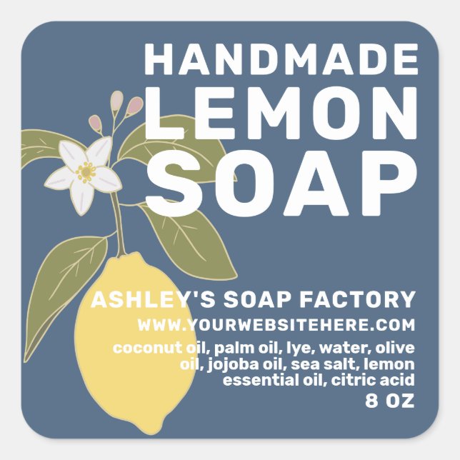 Modern Handmade Lemon Soap Botanical Green Square Sticker (Front)