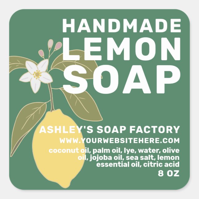 Modern Handmade Lemon Soap Botanical Green Square Sticker (Front)