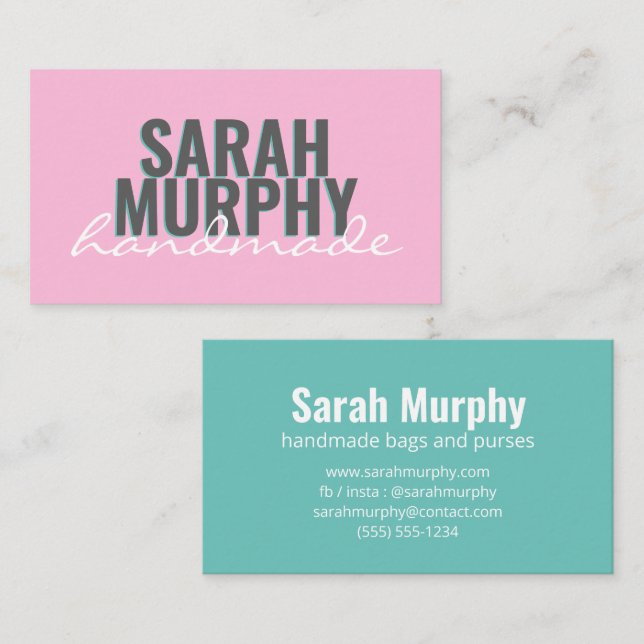 Modern Handmade Pink Mint Script Typography Business Card (Front/Back)
