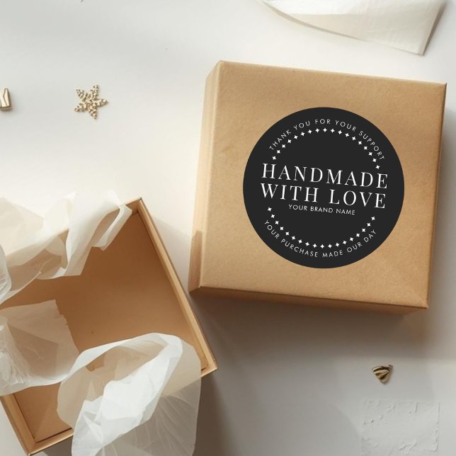 Modern handmade with love black thank you classic round sticker (Creator Uploaded)