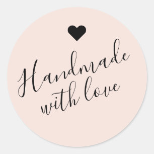 Modern handmade with love script beige heart classic round sticker