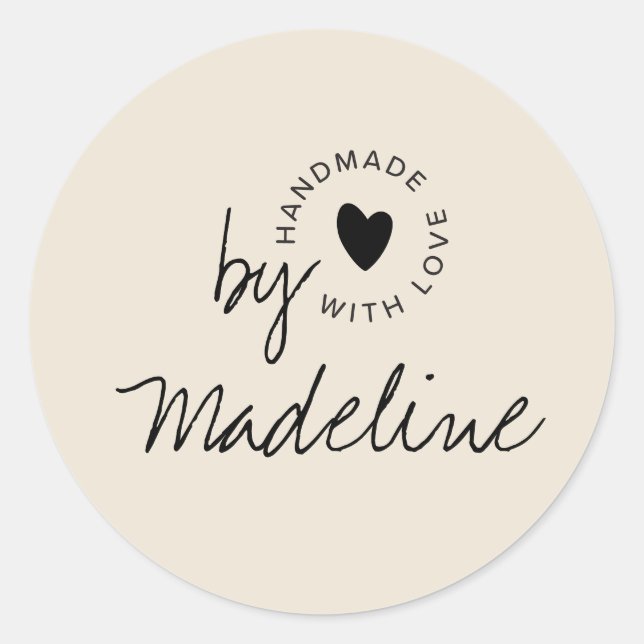 Modern Handmade with Love Script Heart Ecru Classic Round Sticker (Front)