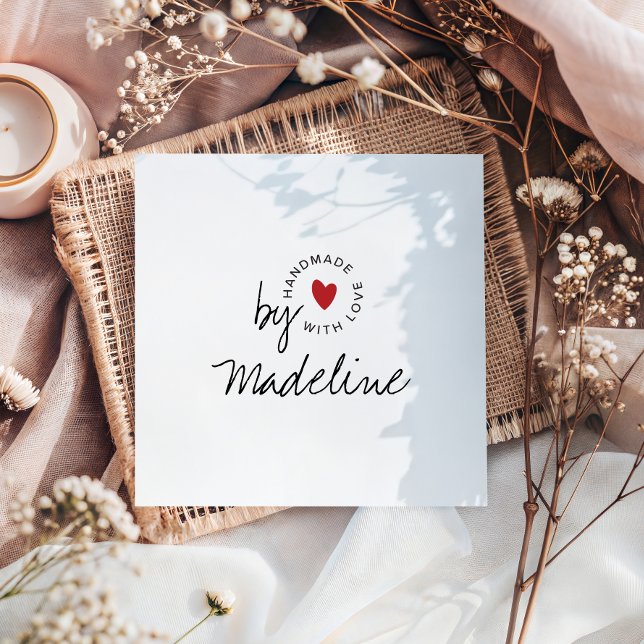 Modern Handmade with Love Script Heart Square Business Card (Creator Uploaded)